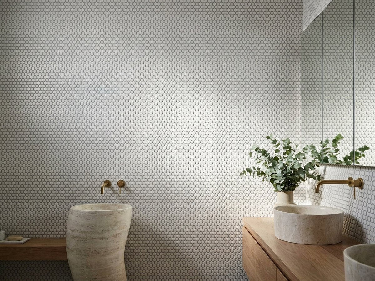 White Penny Matt Mosaic Sheet 292x315 tiles in a room