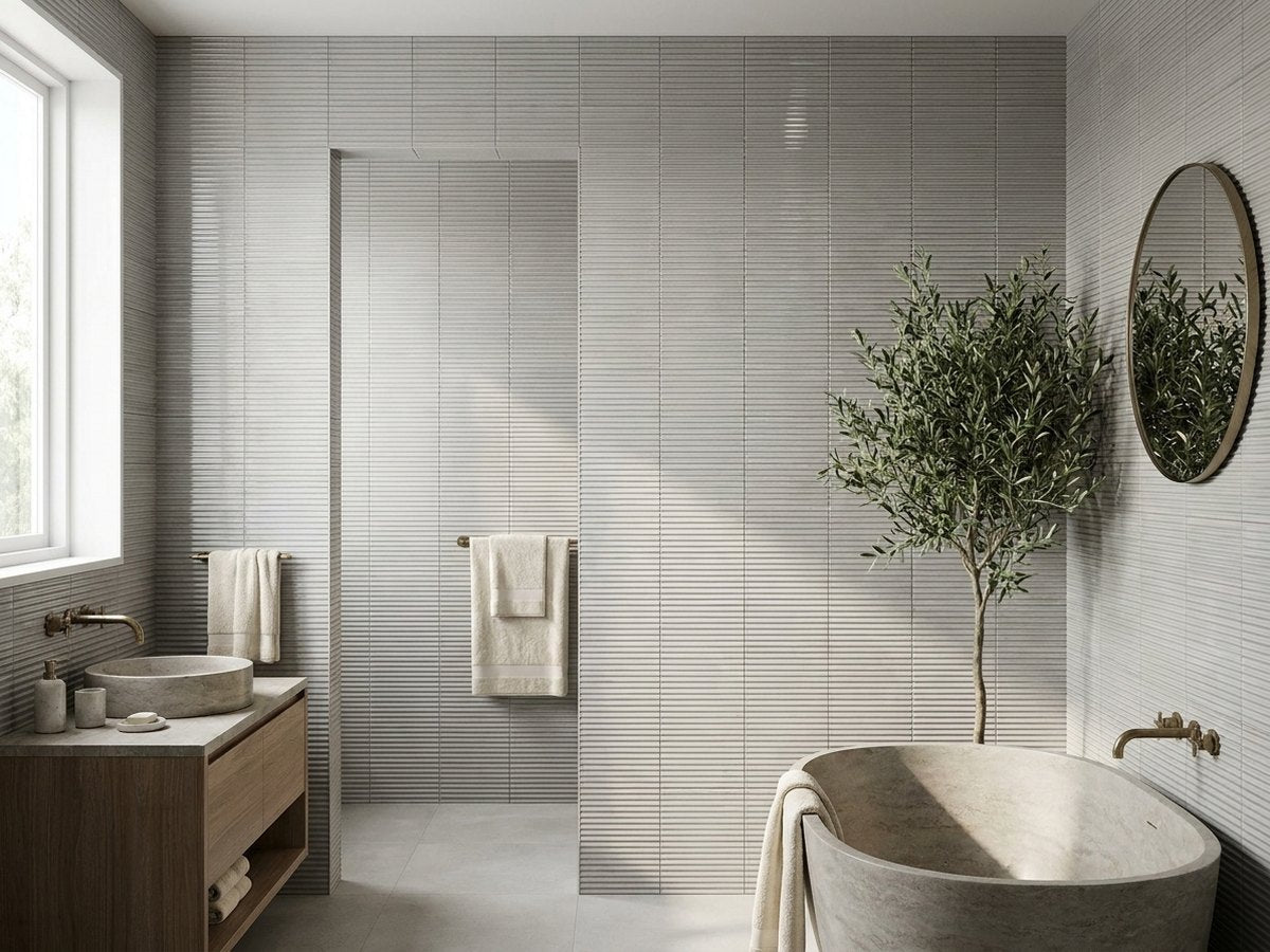 Risotto Grigio Pleat Polished 75x200 tiles in a room