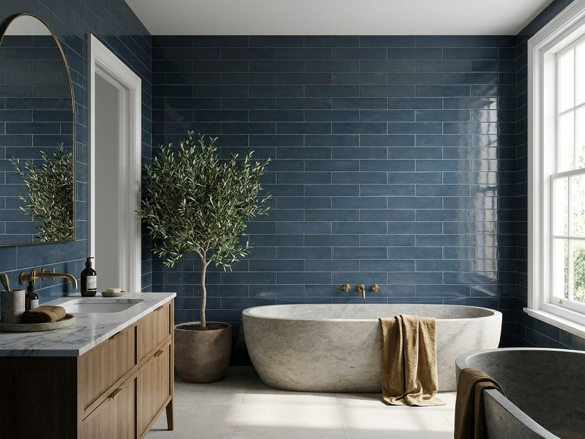 Risotto Blu Gloss 75x200 tiles in a room
