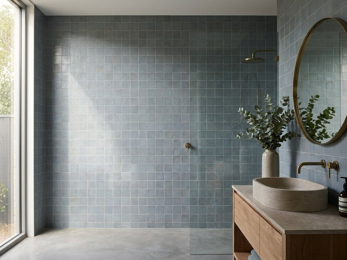 Terracotta Blue Sky Matt 100x100 tiles in a room
