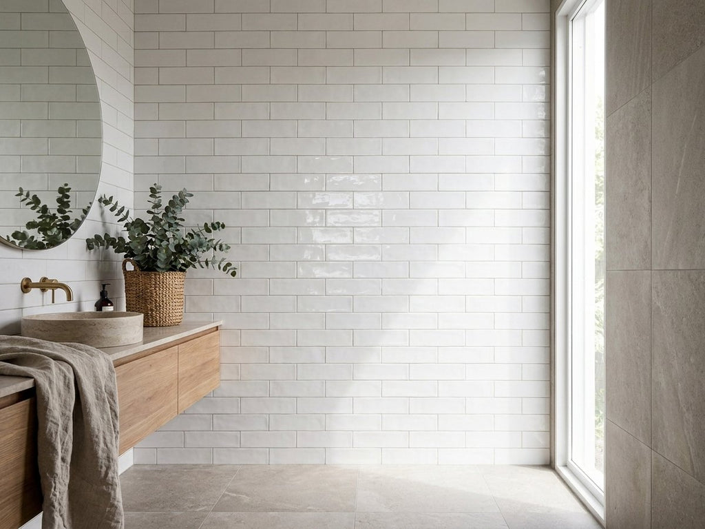 Sorrento White Wave Gloss 75x300 tiles in a room
