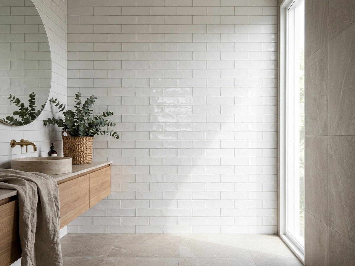 Sorrento White Wave Gloss 75x300 tiles in a room