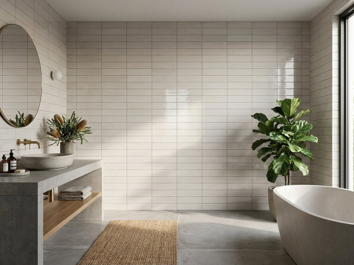 Luna Bone Gloss 60x240 tiles in a room
