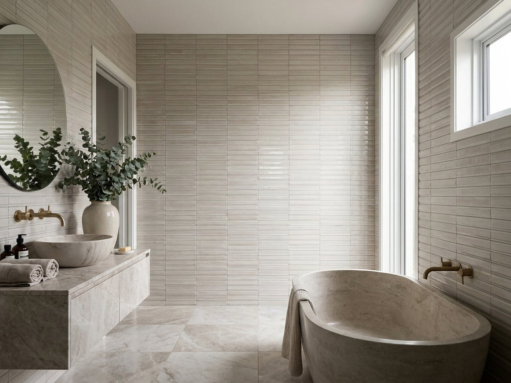 Luna Bone 3D Rake Gloss 60x240 tiles in a room