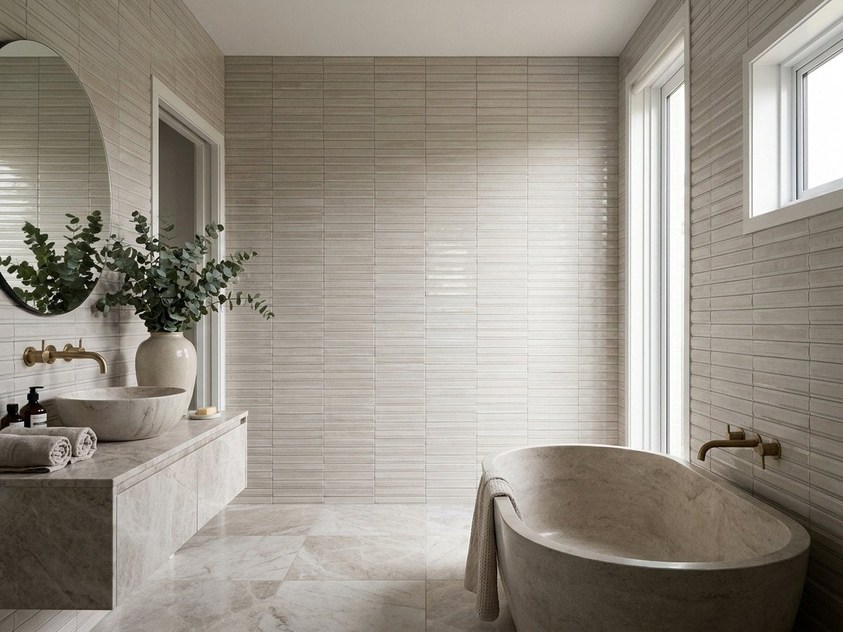 Luna Bone 3D Rake Gloss 60x240 tiles in a room