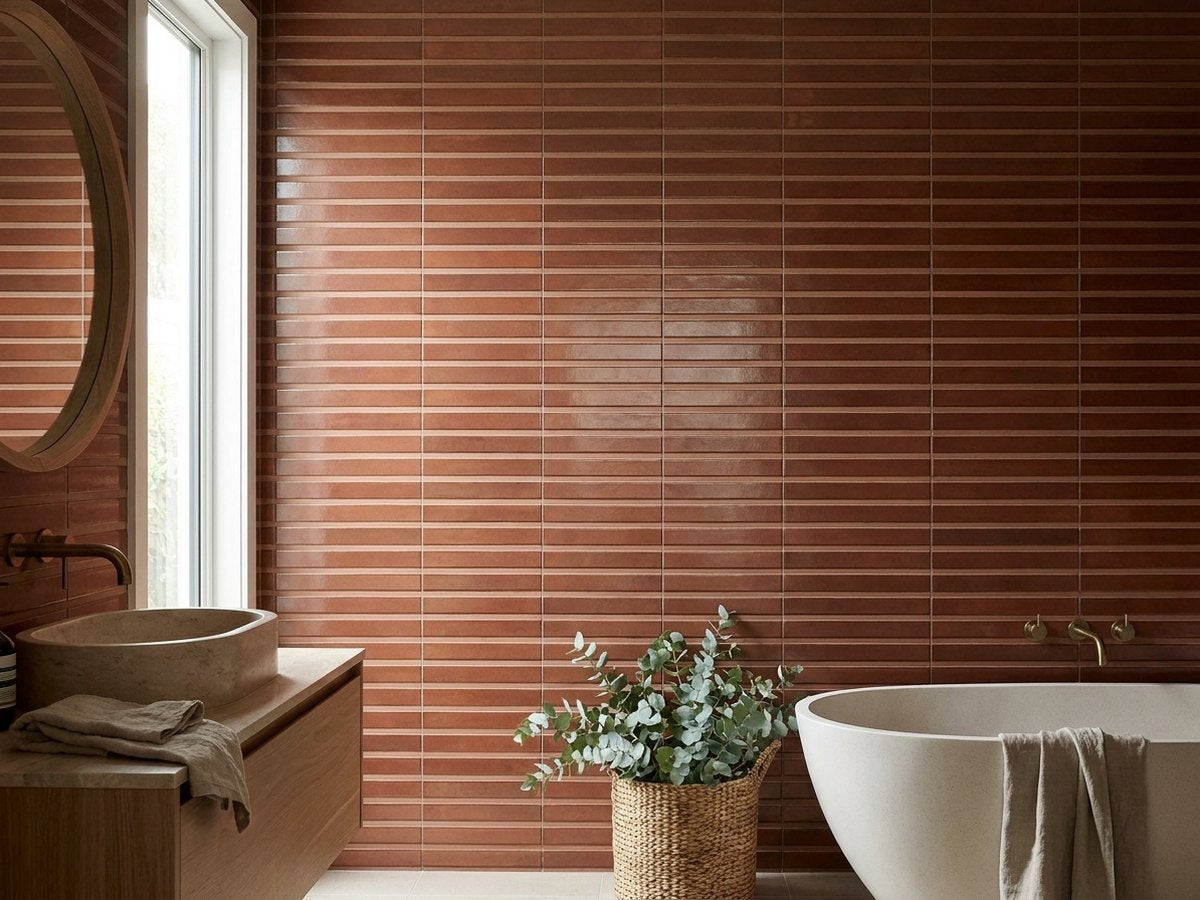 Luna Caramel 3D Rake Gloss 60x240 tiles in a room