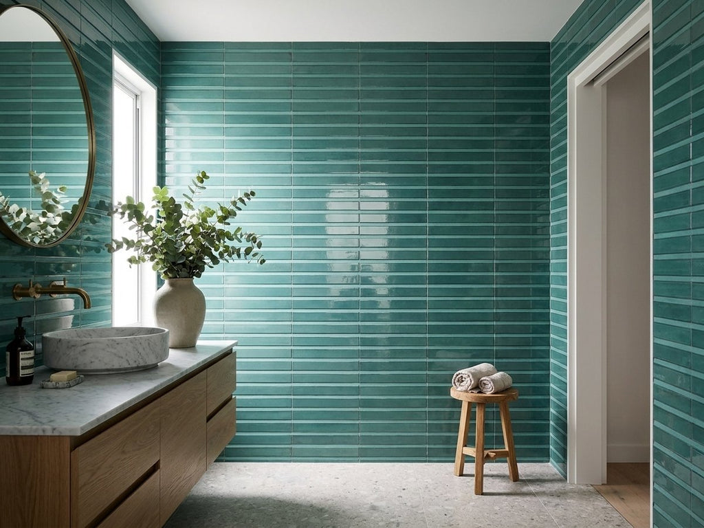 Luna Emerald 3D Rake Gloss 60x240 tiles in a room