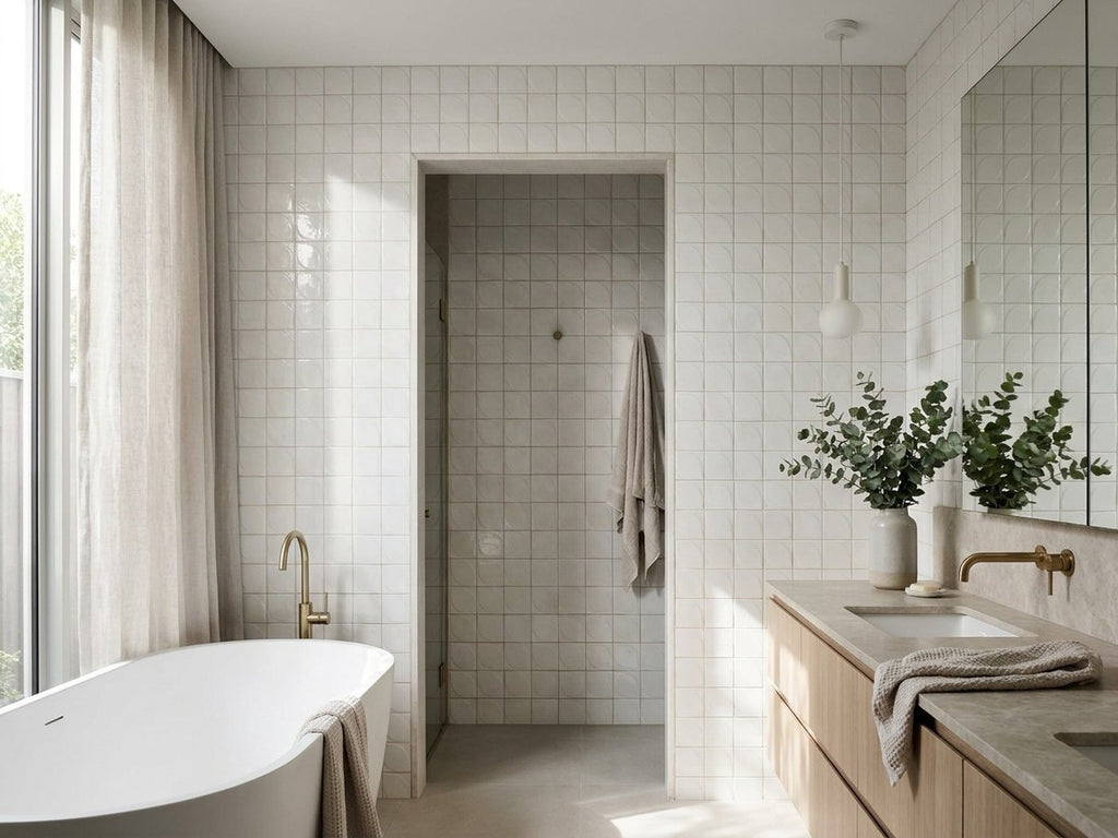 Luna White 3D Dew Gloss 100x100 tiles in a room