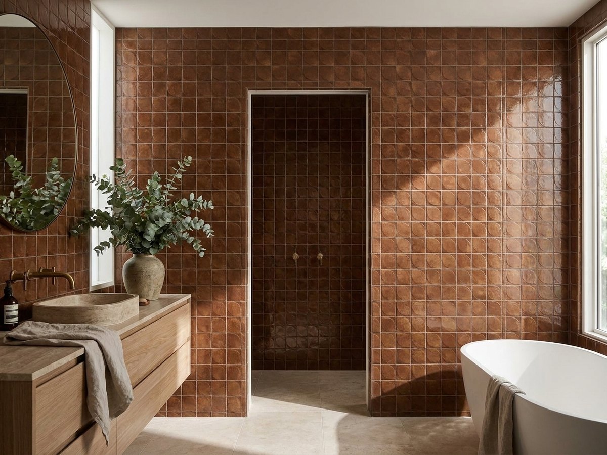 Luna Caramel 3D Dew Gloss 100x100 tiles in a room