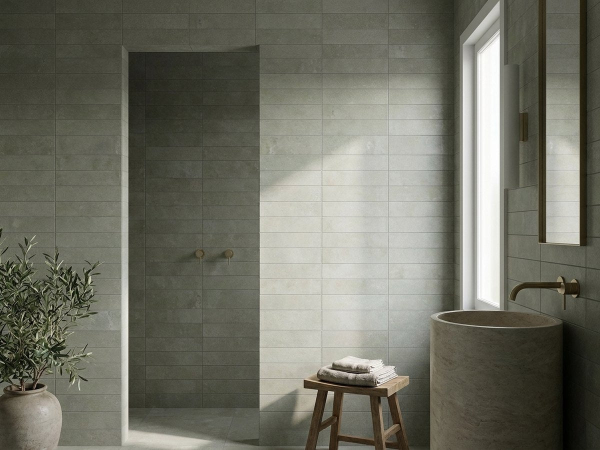 Concrete Veroni Jade Matt 75x300 tiles in a room