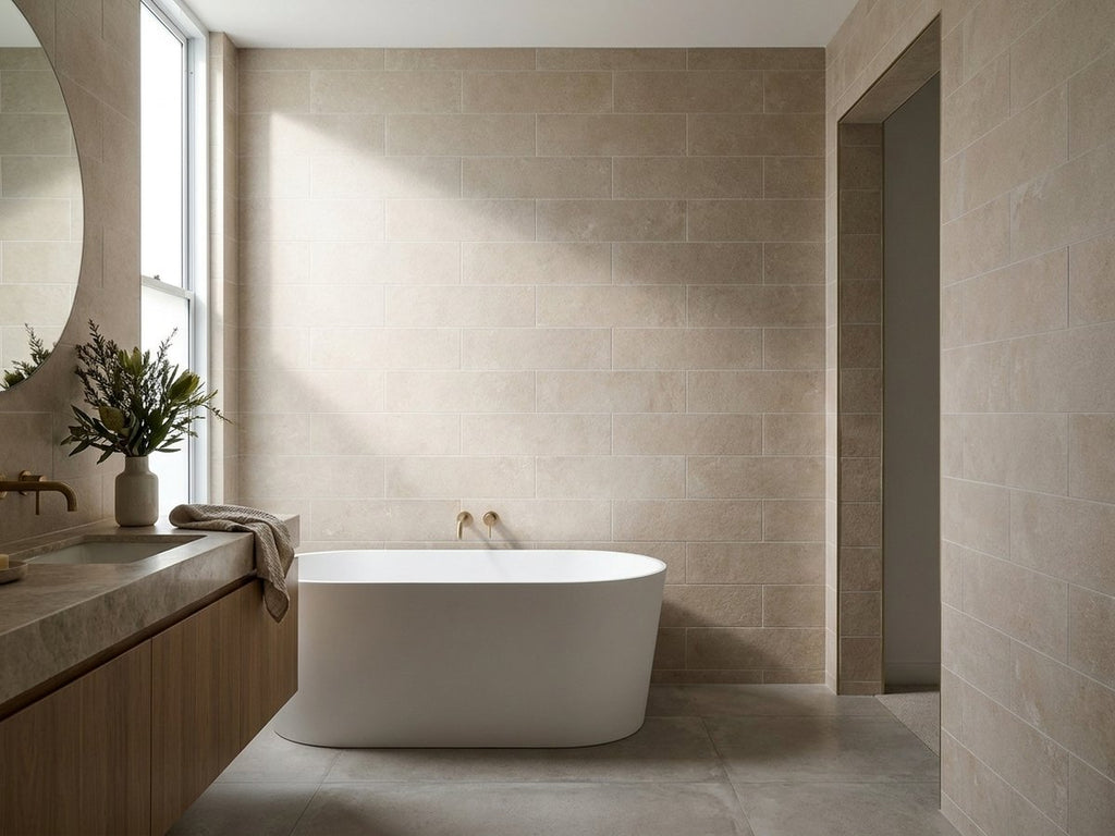 Concrete Veroni Caramel Matt 75x300 tiles in a room