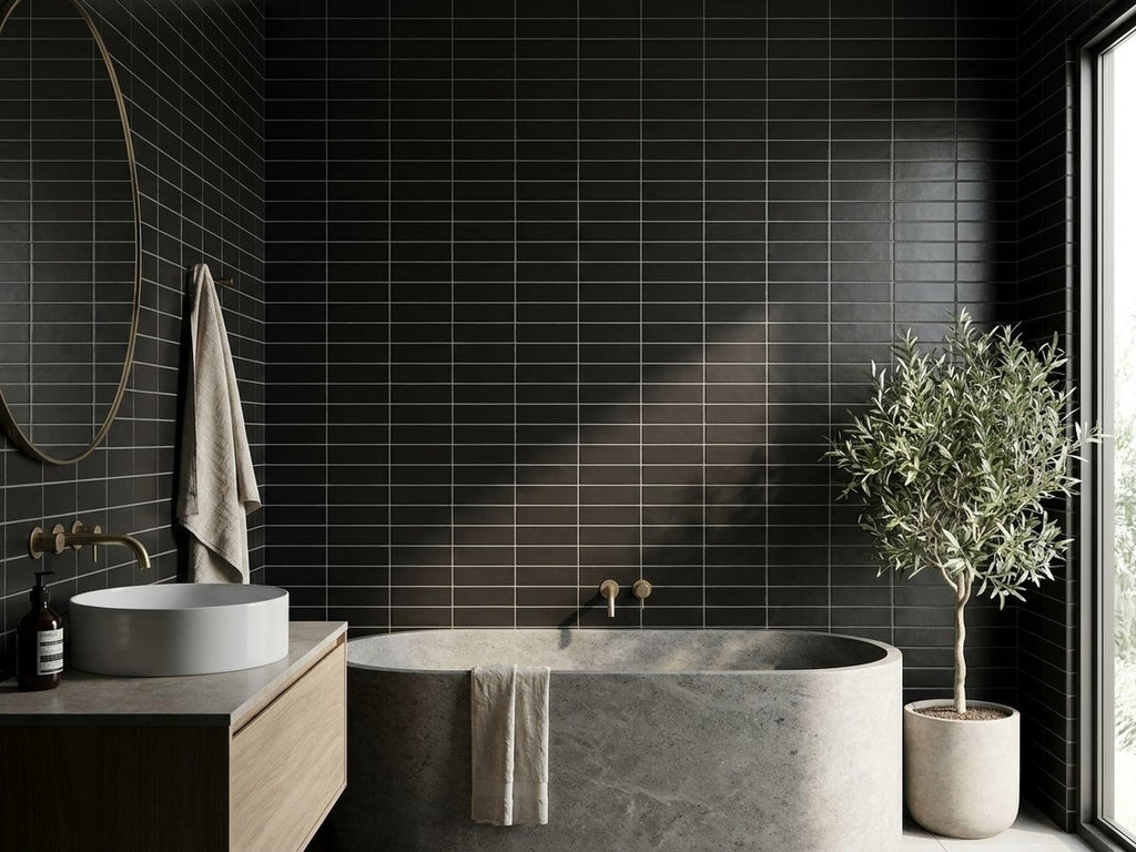 Confetto Nero Matt 50x150 tiles in a room