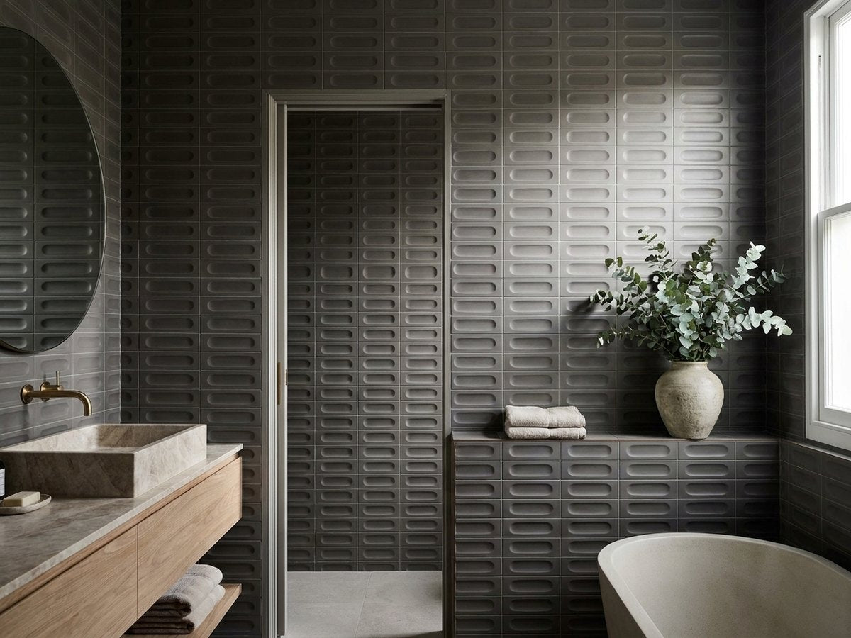 Confetto Avio 3D Matt 50x150 tiles in a room