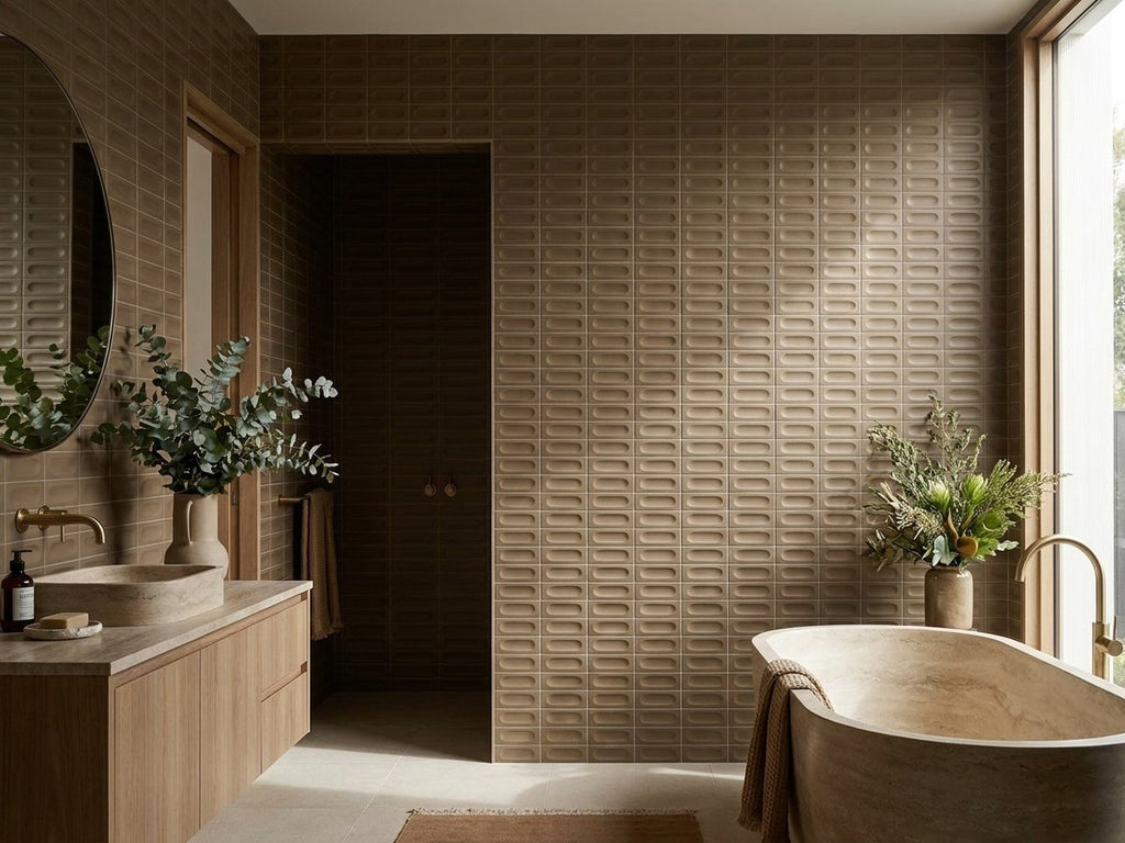 Confetto Kaki 3D Matt 50x150 tiles in a room