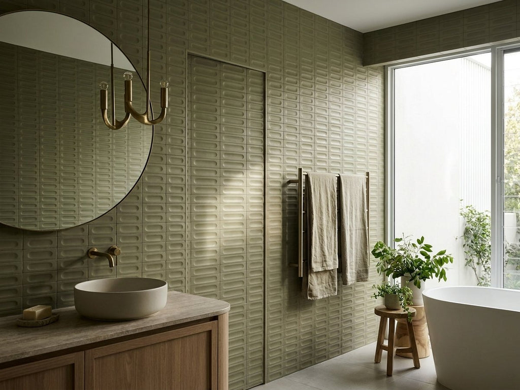 Confetto Salvia 3D Matt 50x150 tiles in a room