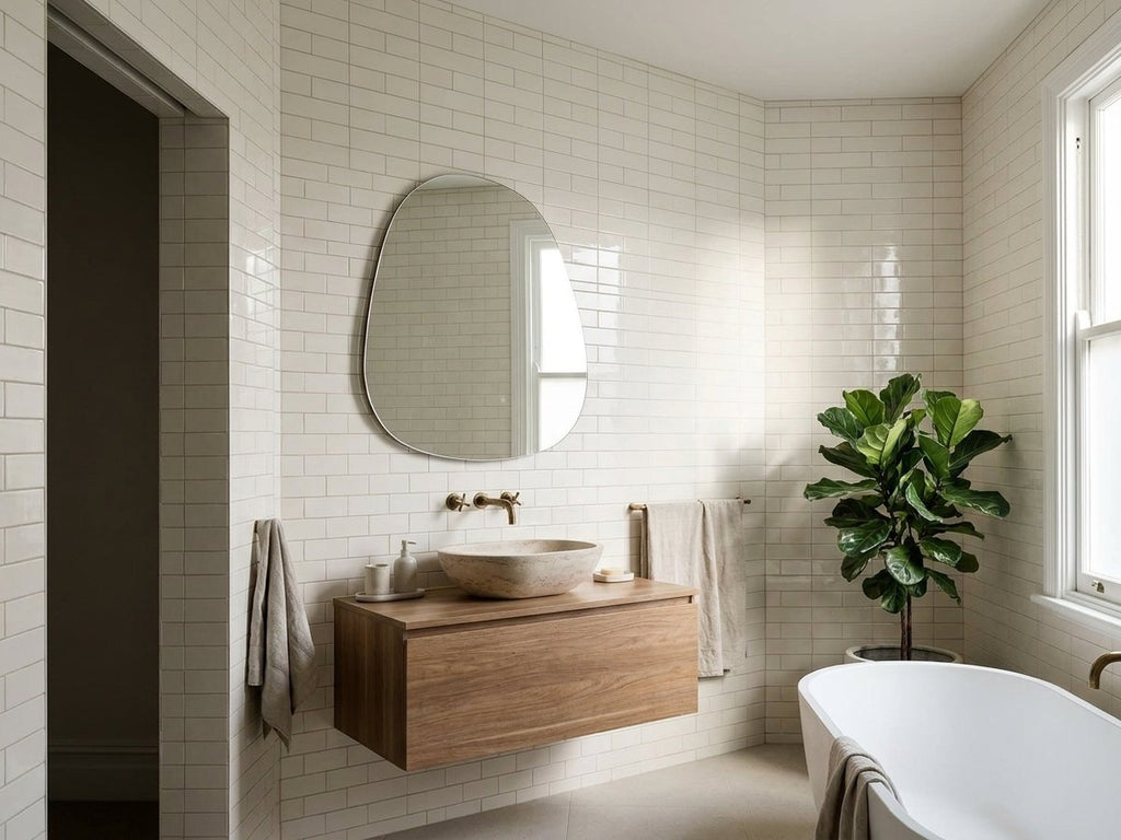 Bega White Cushion Edge Gloss 75x150 tiles in a room