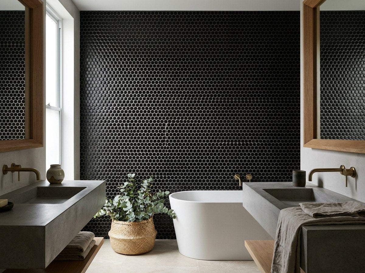 Black Penny Gloss Mosaic Sheet 305x320 tiles in a room