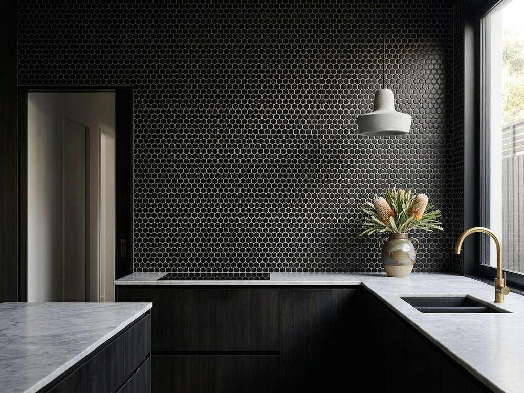 Black Penny Matt Mosaic Sheet 305x322 tiles in a room