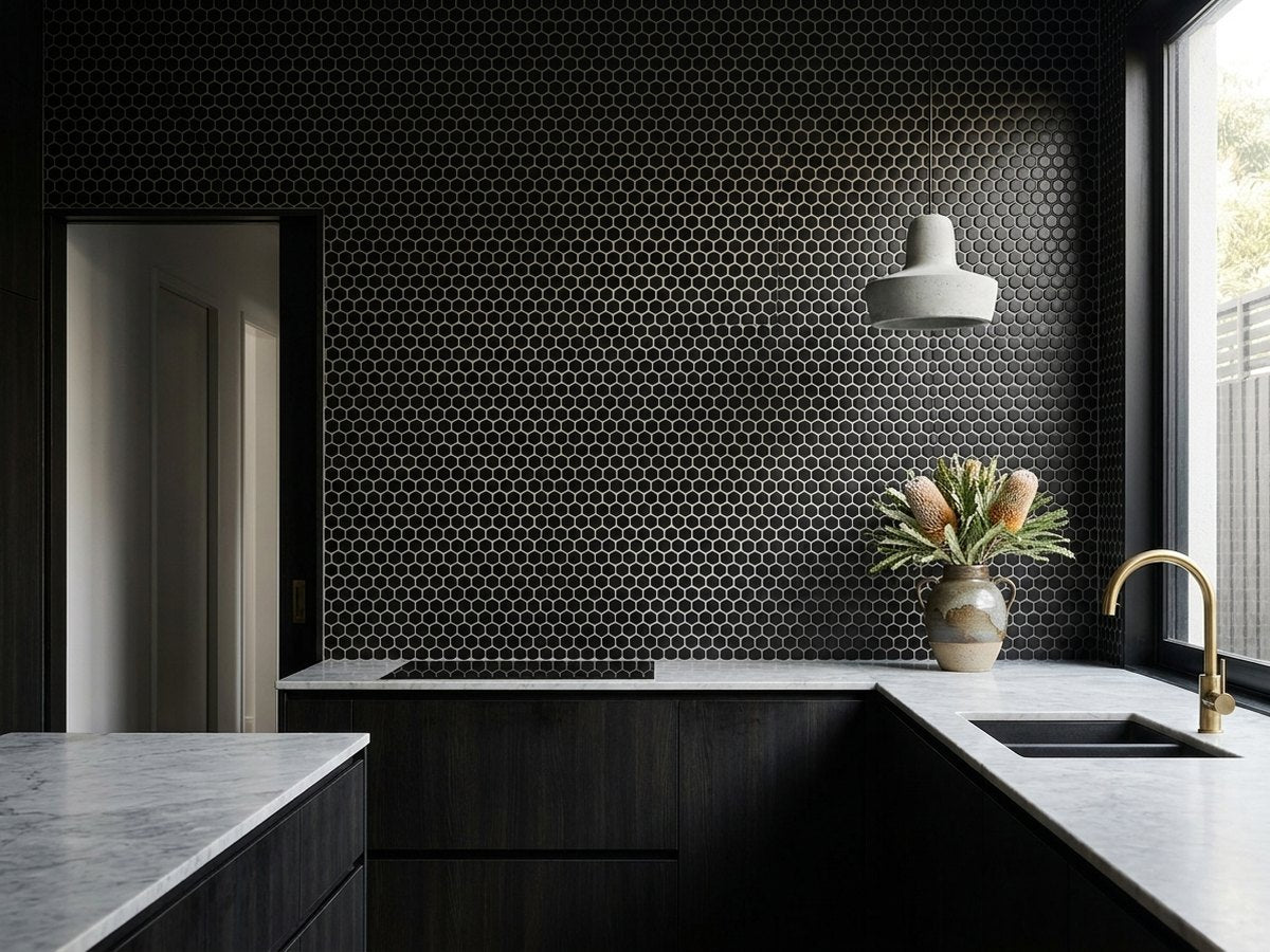 Black Penny Matt Mosaic Sheet 305x322 tiles in a room