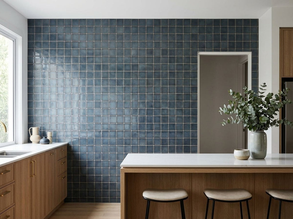 Ocean Blue Concave Square Gloss 48x48 Mosaic tiles in a room