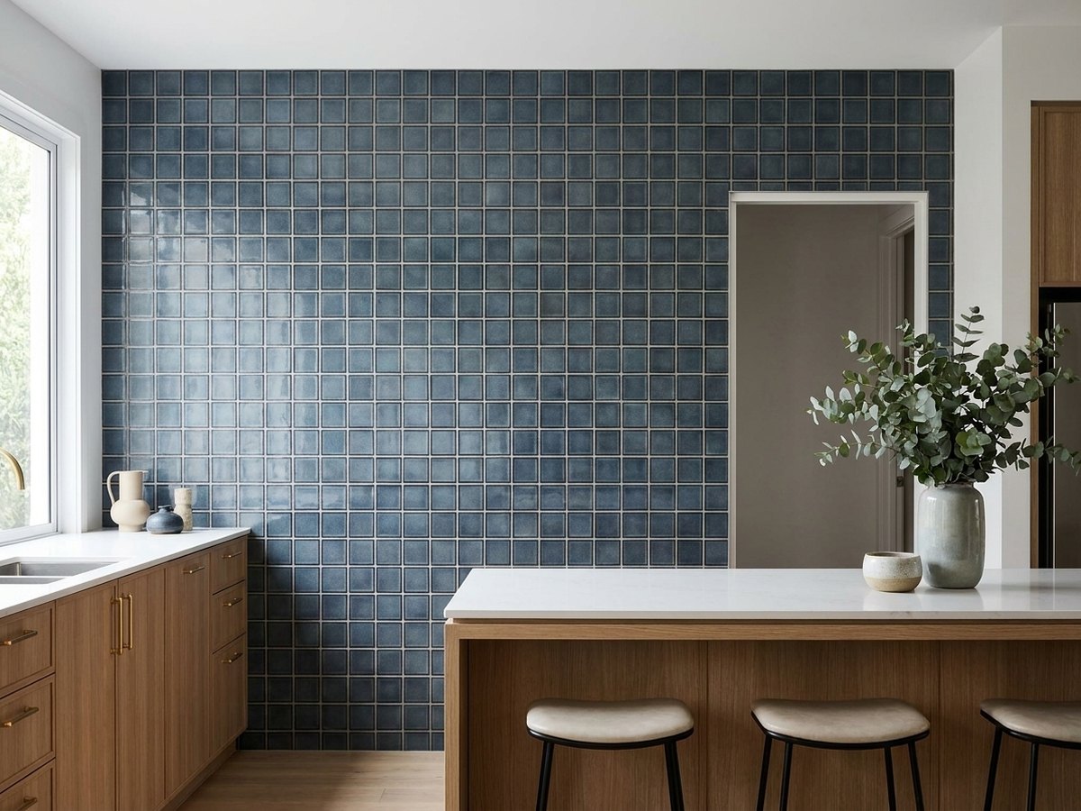 Ocean Blue Concave Square Gloss 48x48 Mosaic tiles in a room