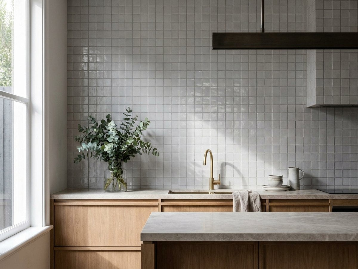 White Cloud Concave Square Gloss 48x48 Mosaic tiles in a room