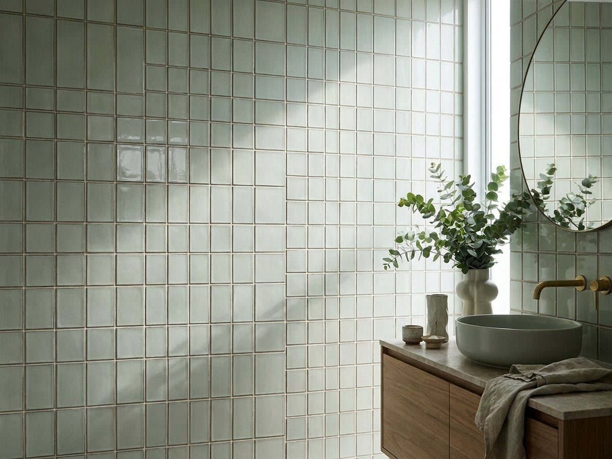 Water Green Concave Square Gloss 48x48 Mosaic tiles in a room