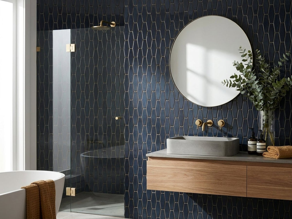 Ocean Blue Extended Hexagon (flat) Gloss 40x125 Mosaic tiles in a room
