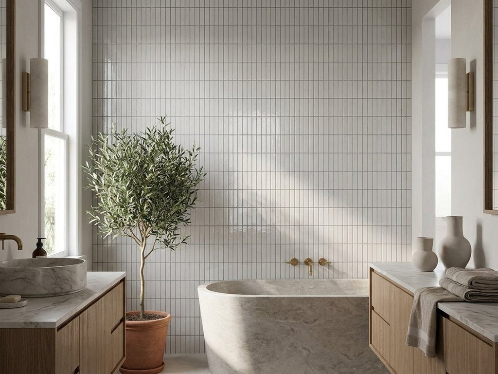 Wabisabi Finger White Glazed 22x147 Finger Mosaic tiles in a room