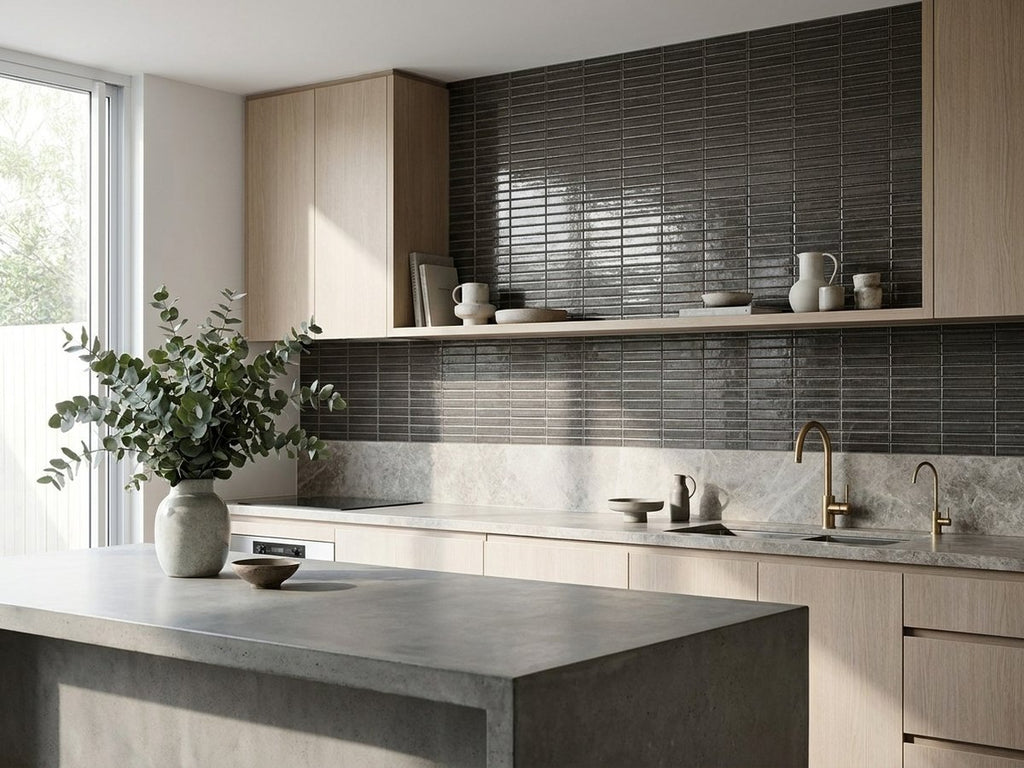 Wabisabi Finger Charcoal Glazed 22x147 Finger Mosaic tiles in a room