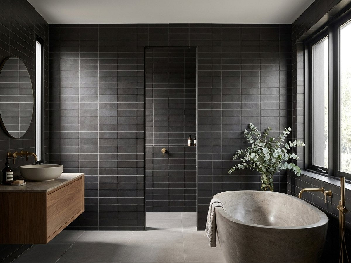 Lava Black Coal Matt 65x200 tiles in a room