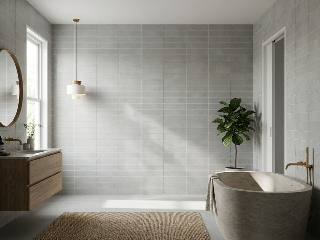 Lava Storm Grey Matt 65x200 tiles in a room