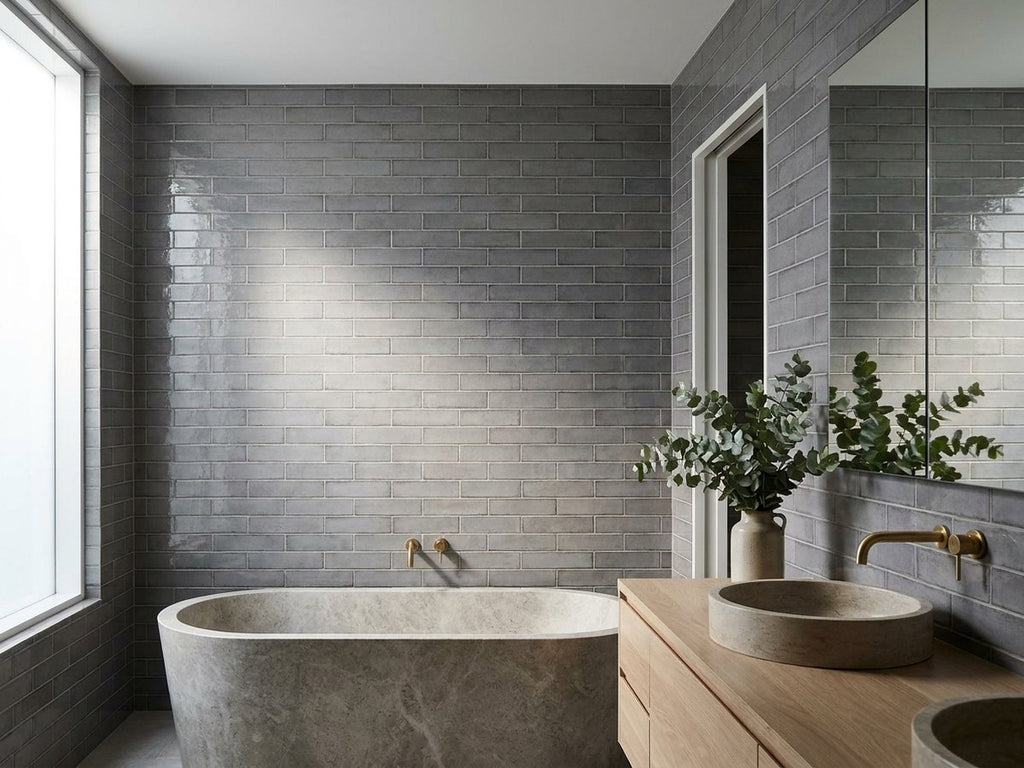 Babele Cenere Grey Gloss 65x200 tiles in a room