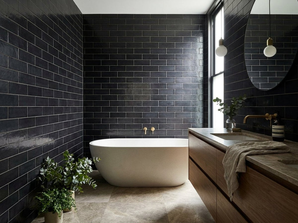 Babele Lava Anthracite Gloss 65x200 tiles in a room
