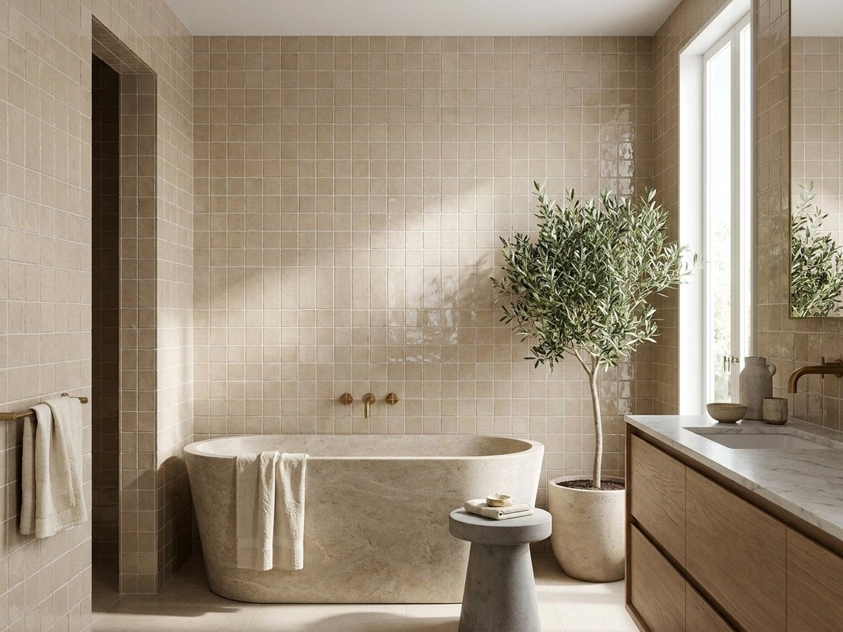 Blocchi Cipria Taupe Square Gloss 100x100 tiles in a room