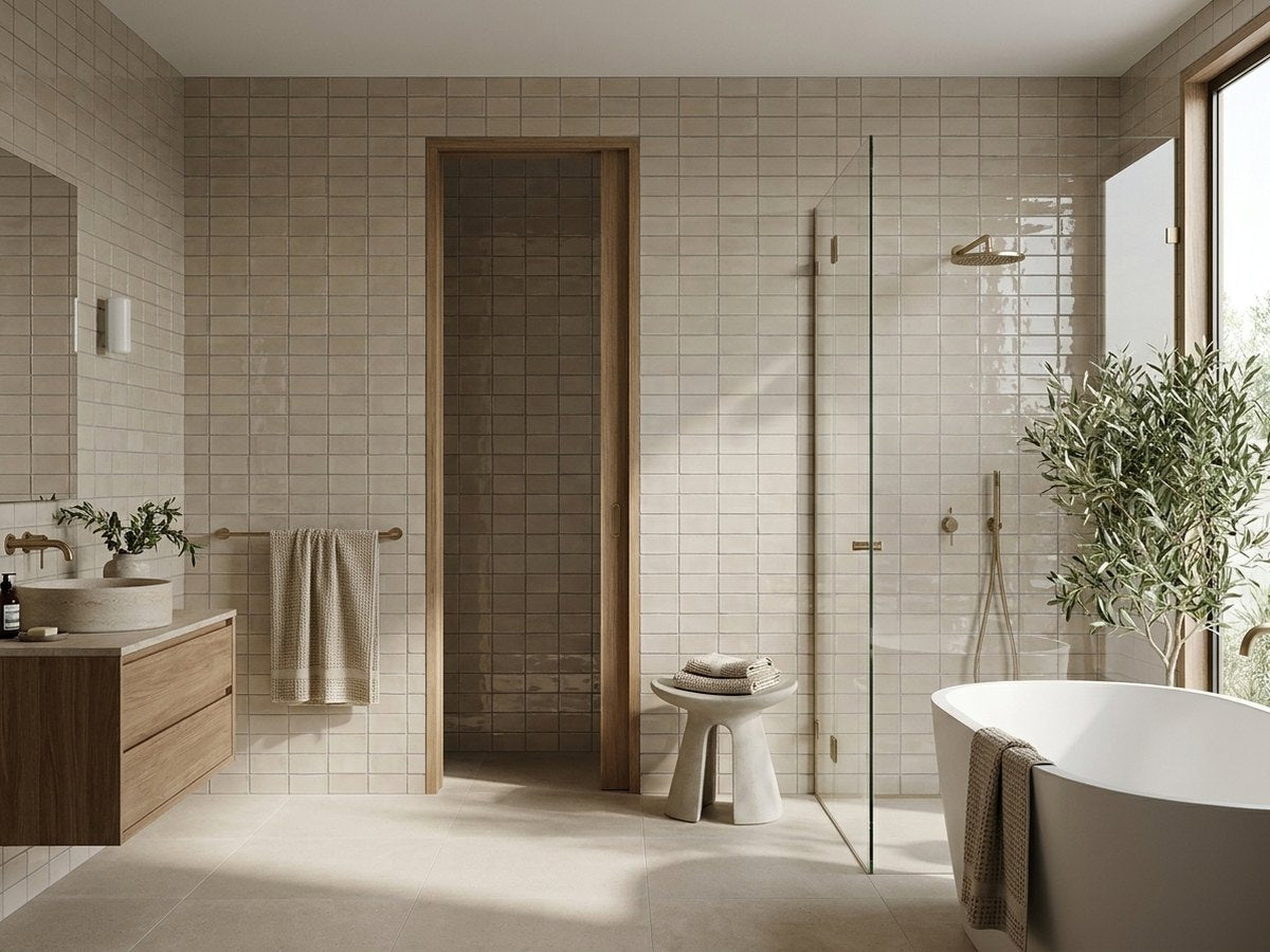 Sand Taupe Gloss 75x150 tiles in a room