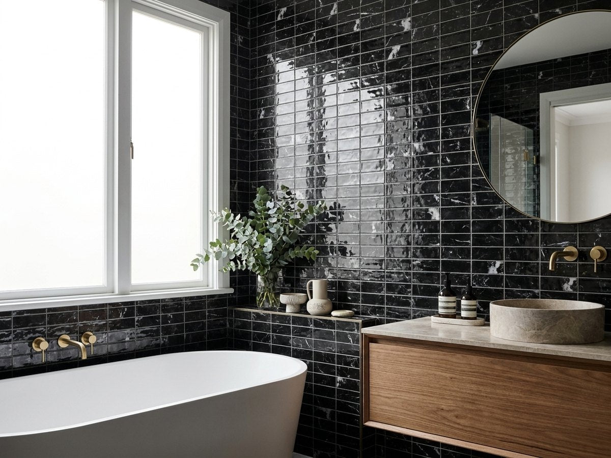 Ardesia Black Gloss 75x150 tiles in a room