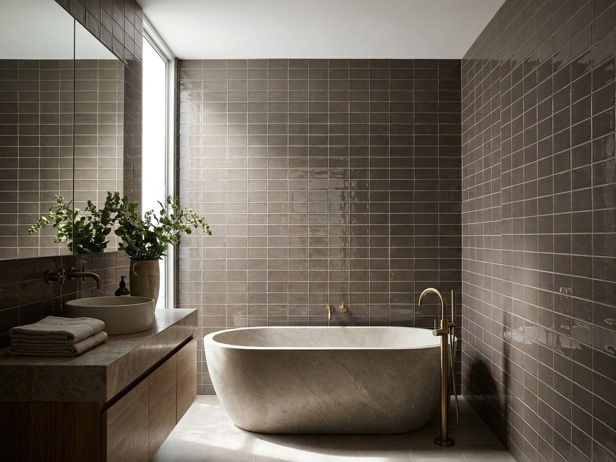 Scatto Tabacco Gloss 75x150 tiles in a room
