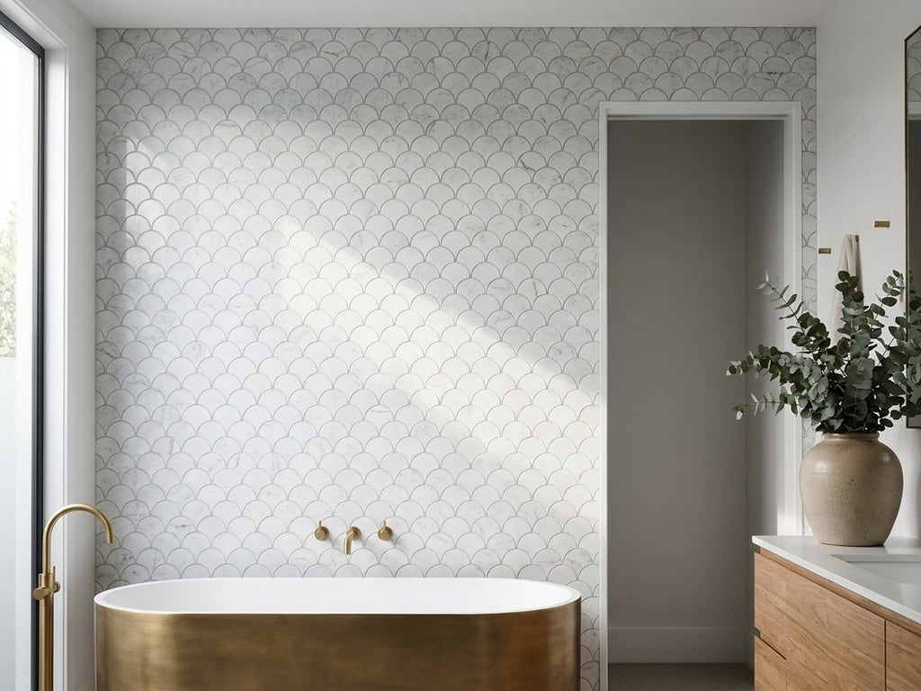 Fan Statuario Satin Mosaic Sheet 305x310 tiles in a room