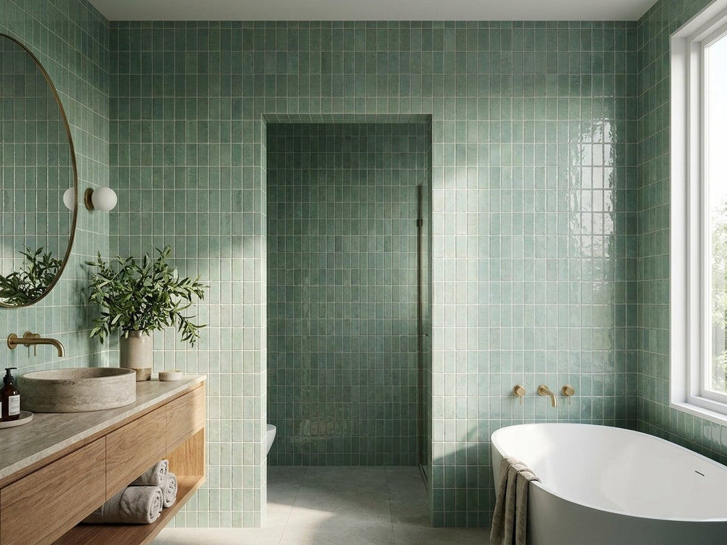 Sabil Viridian Gloss 50x150 tiles in a room