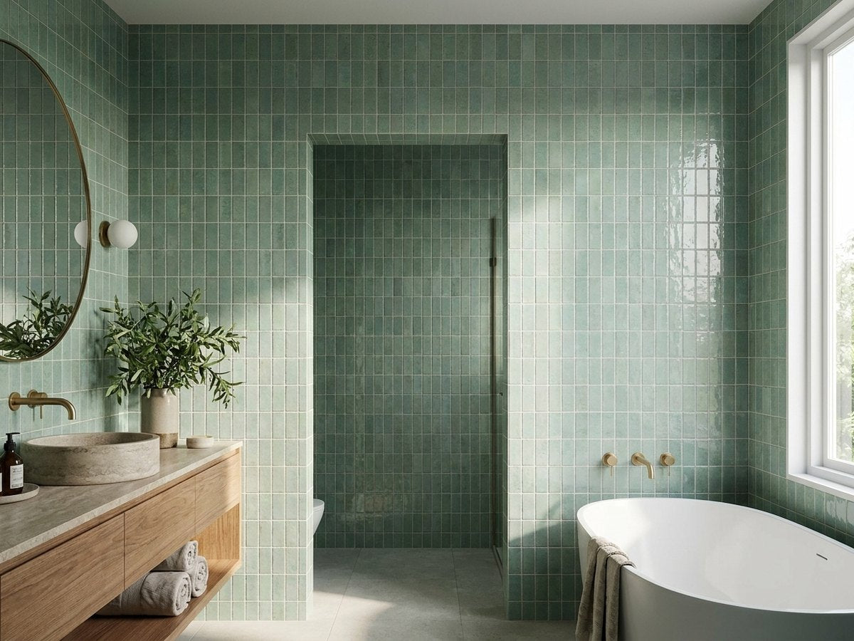 Sabil Viridian Gloss 50x150 tiles in a room
