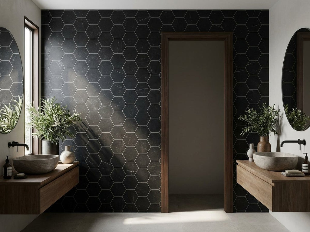 Hexagon Marquina Marble Honed 25x25 Mosaic tiles in a room
