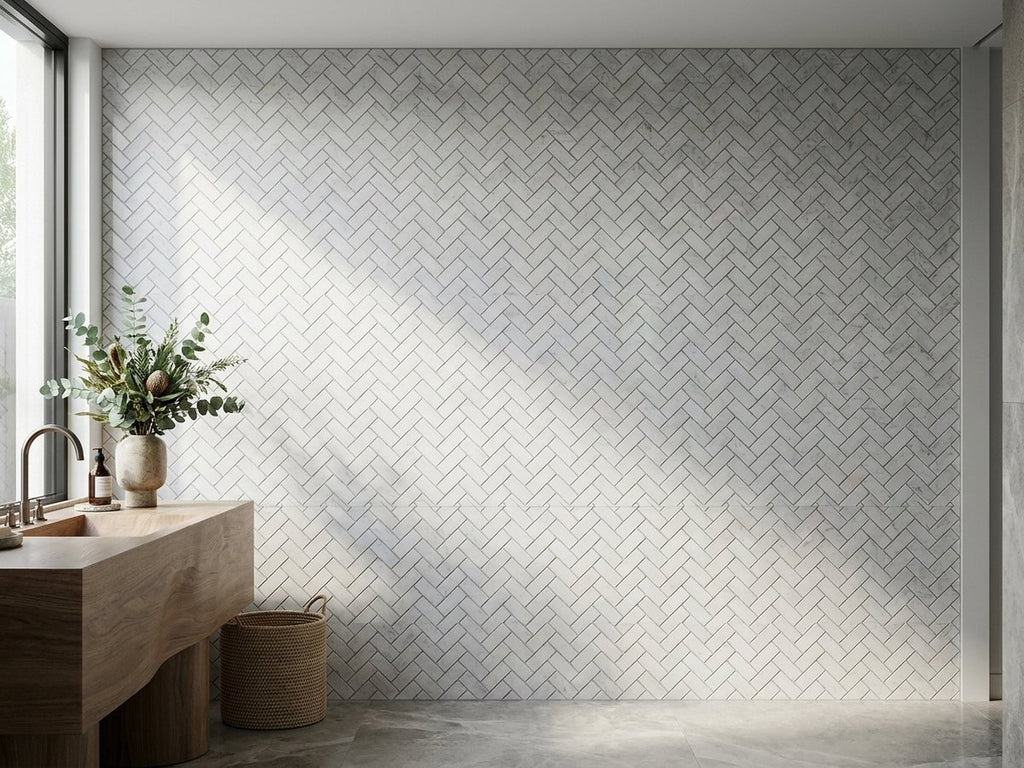 Herringbone Carrara White Marble Honed 30x100 Mosaic tiles in a room