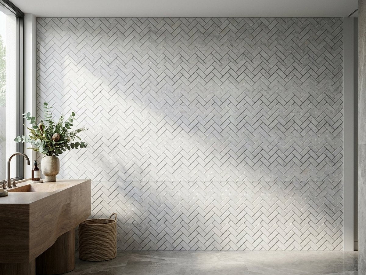 Herringbone Carrara White Marble Honed 30x100 Mosaic tiles in a room