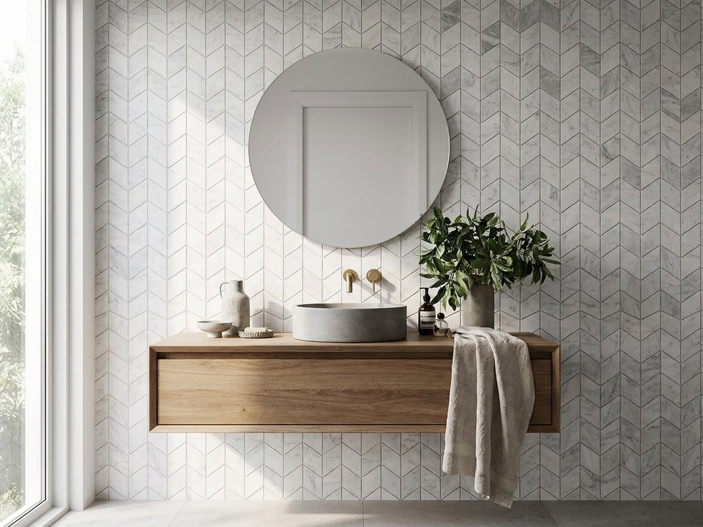Chevron Carrara Honed 50x95 Mosaic tiles in a room