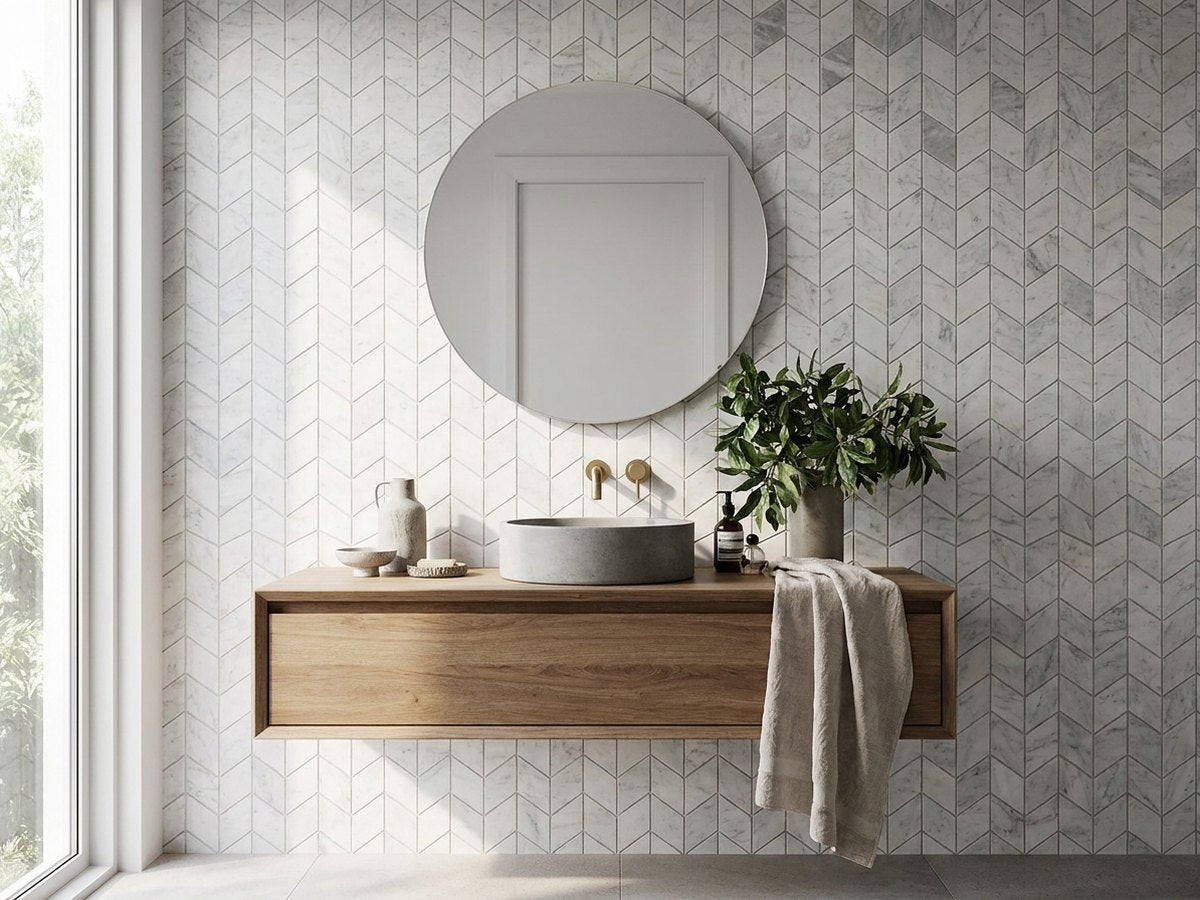 Chevron Carrara Honed 50x95 Mosaic tiles in a room