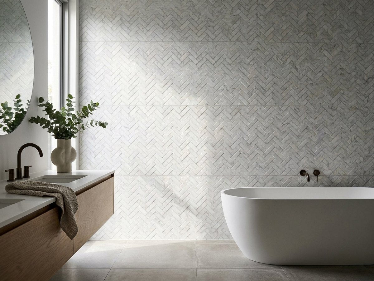 Herringbone Large Carrara White Honed tiles in a room