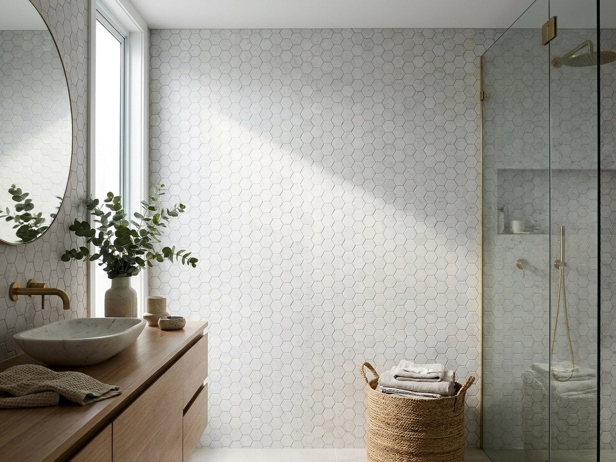 Large Hexagon Carrara Marble Honed 95x95 Mosaic tiles in a room