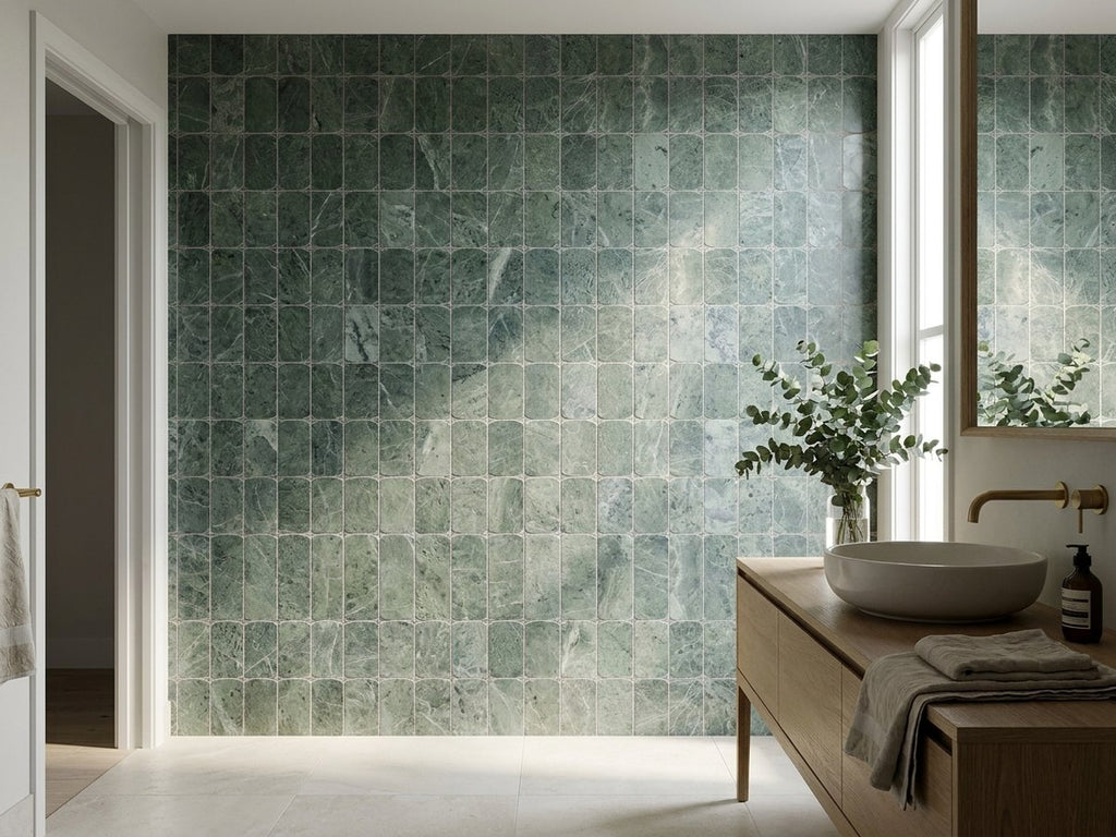 Stone Arc Dark Green Honed 50x100 Mosaic tiles in a room