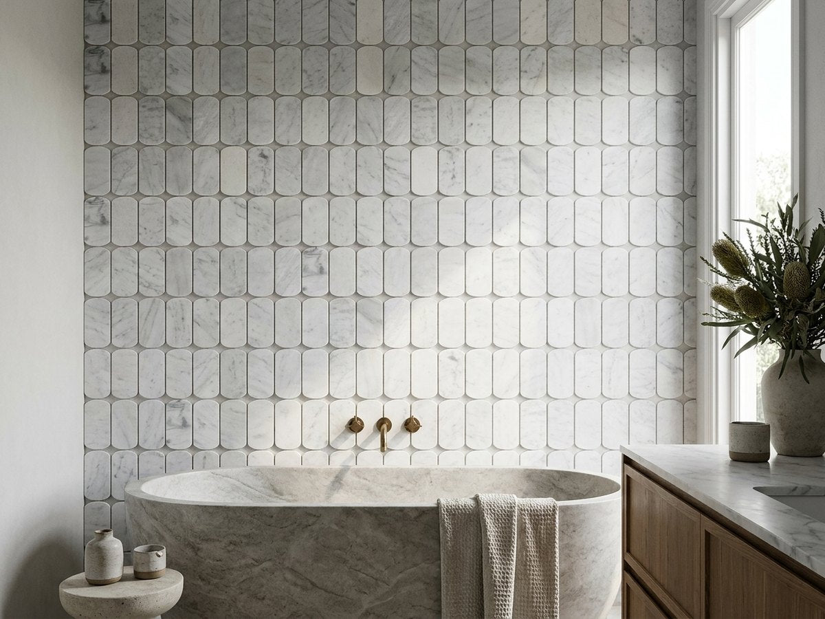 Stone Arc Carrara White Honed 50x100 Mosaic tiles in a room